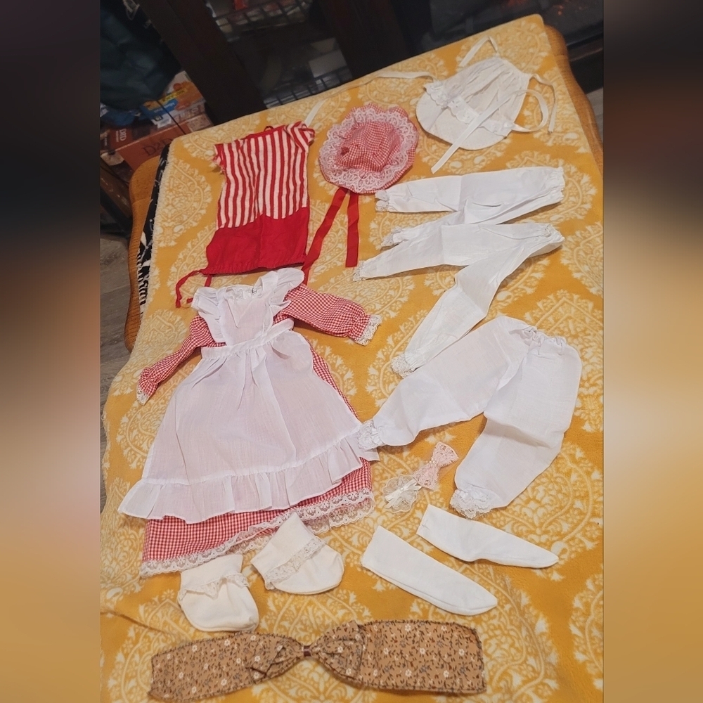 Vintage 60's Doll Dress And Bonnet With Accessories Red And White Checkered